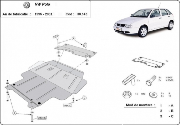 Protection sous moteur et de la boîte de vitesse Volkswagen Polo - 6N, 6N1, 6K, Classic, Variant