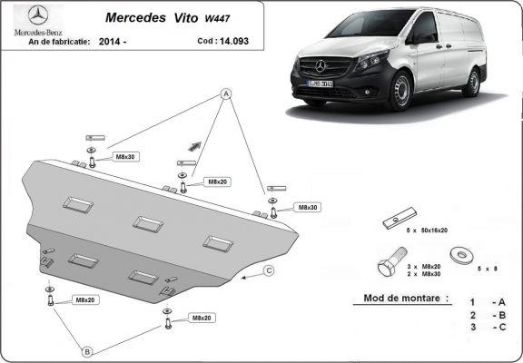 Protection sous moteur et de la boîte de vitesse Mercedes Vito W447 4x2, 1.6 D