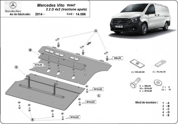 Protection sous moteur et de la boîte de vitesse Mercedes Vito W447 - 4X2 