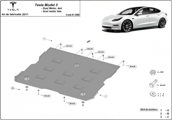 Protection sous moteur électrique avant pour Tesla Model 3 AWD