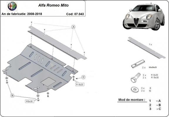 Protection sous moteur et de la boîte de vitesse Alfa Romeo Mito