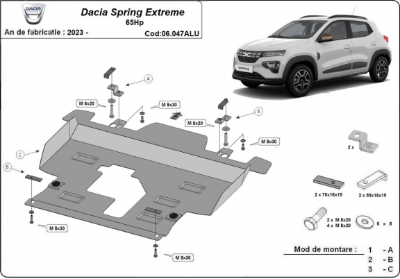 Protection sous moteur et de la boîte de vitesse Dacia Spring Extreme - Aluminium 