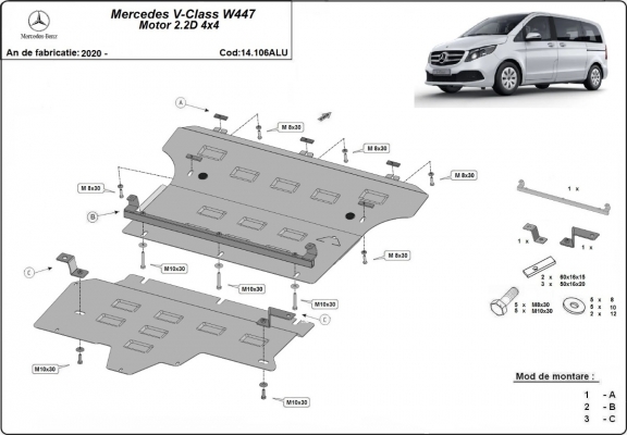 Aluminum protection sous moteur et de la boîte de vitesse Mercedes V-Class W447