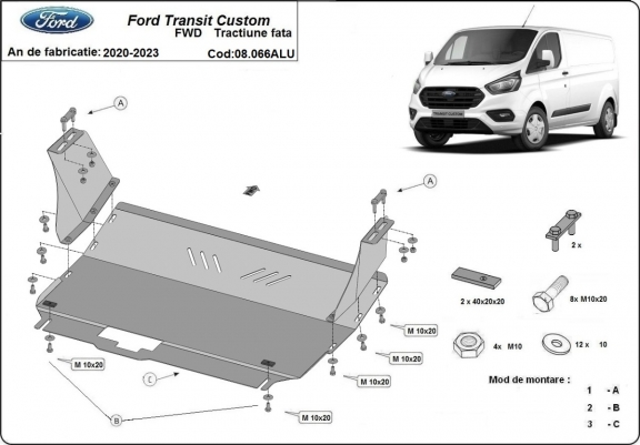 Aluminium protection sous moteur et de la boîte de vitesse Ford Transit Custom - FWD