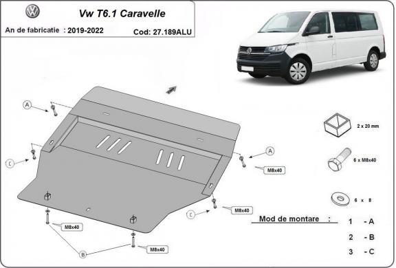 Protection sous moteur et de la boîte de vitesse Volkswagen Transporter T6.1 Caravelle Aluminium