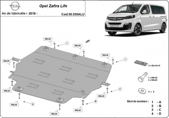 Protection sous moteur et de la boîte de vitesse Opel Zafira Life - Aluminium 