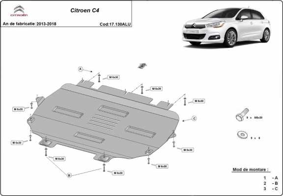 Protection sous moteur et de la boîte de vitesse Citroen C4 - Aluminium 