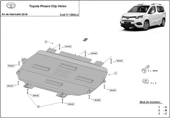 Protection sous moteur et de la boîte de vitesse Toyota Proace City Verso - Aluminium 